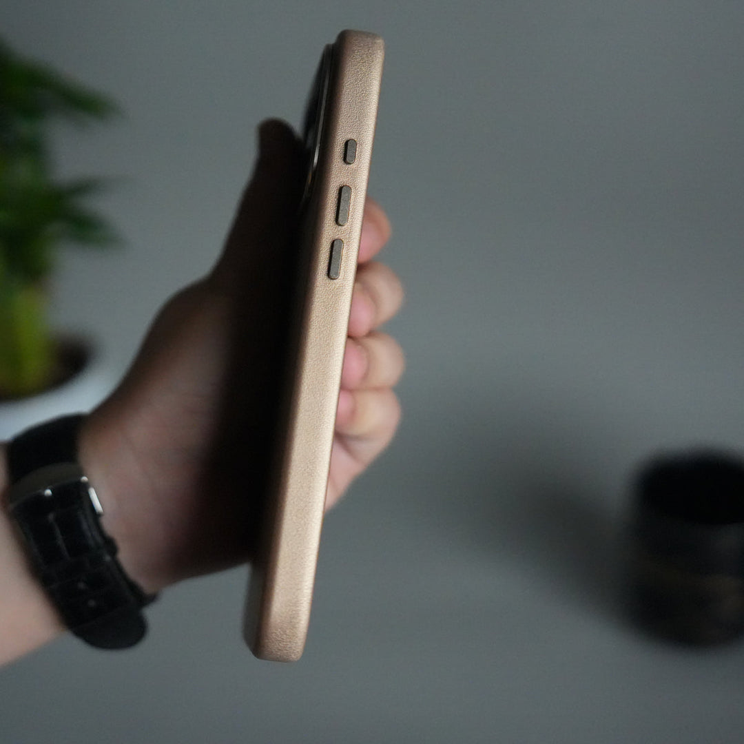 iPhone 17 Pro Max Premium PU Leather MagSafe Case | Metal Camera Frame Luxury Back Cover | Desert Gold