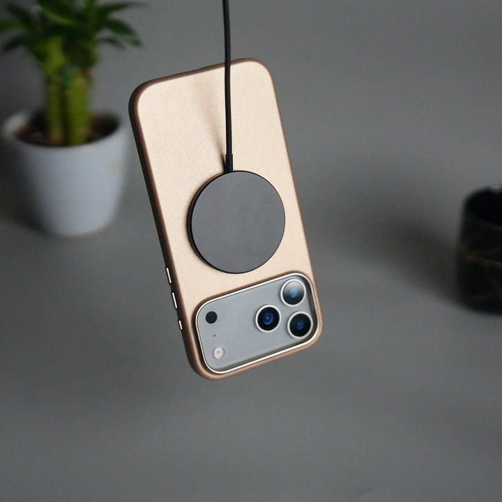 iPhone 17 Pro Max Premium PU Leather MagSafe Case | Metal Camera Frame Luxury Back Cover | Desert Gold