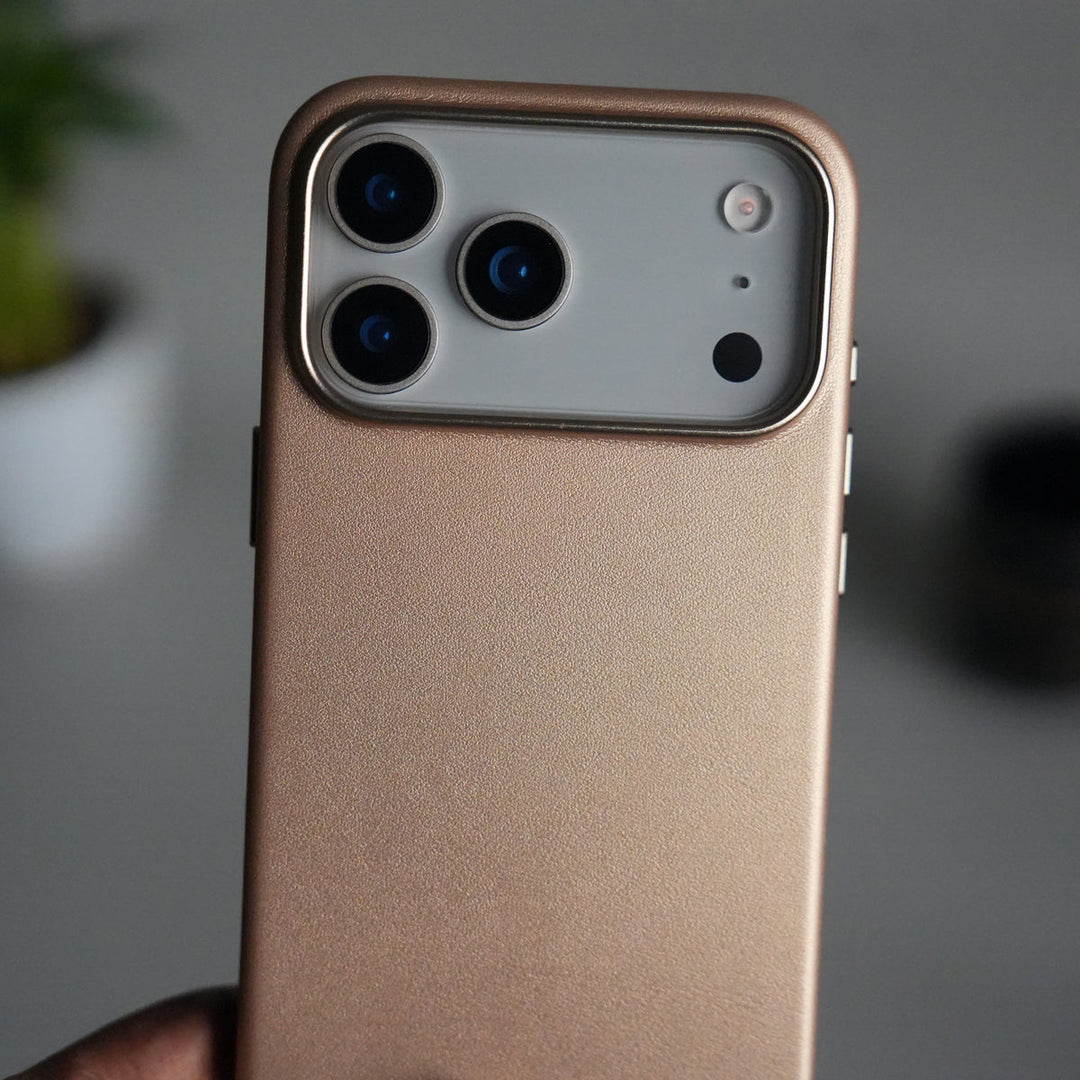 iPhone 17 Pro Max Premium PU Leather MagSafe Case | Metal Camera Frame Luxury Back Cover | Desert Gold