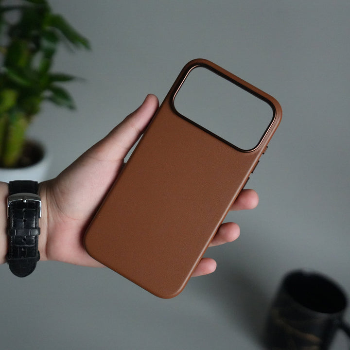 iPhone 17 Pro Max Premium PU Leather MagSafe Case | Metal Camera Frame Luxury Back Cover | Brown