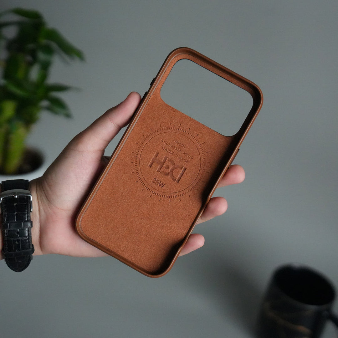 iPhone 17 Pro Max Premium PU Leather MagSafe Case | Metal Camera Frame Luxury Back Cover | Brown