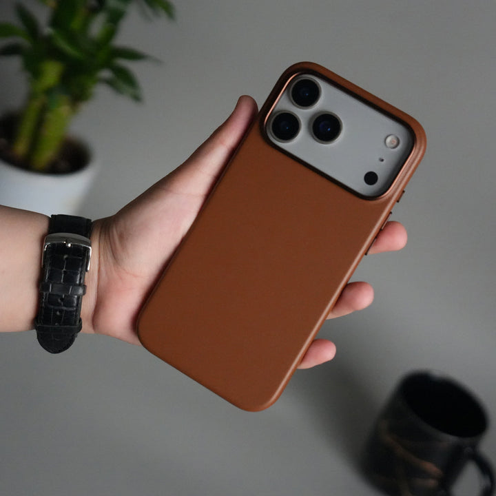 iPhone 17 Pro Max Premium PU Leather MagSafe Case | Metal Camera Frame Luxury Back Cover | Brown