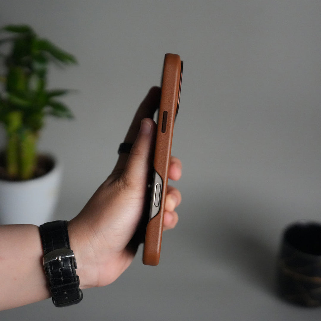 iPhone 17 Pro Max Premium PU Leather MagSafe Case | Metal Camera Frame Luxury Back Cover | Brown