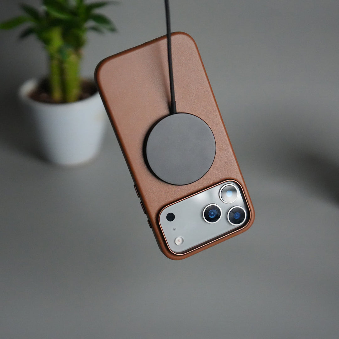 iPhone 17 Pro Max Premium PU Leather MagSafe Case | Metal Camera Frame Luxury Back Cover | Brown