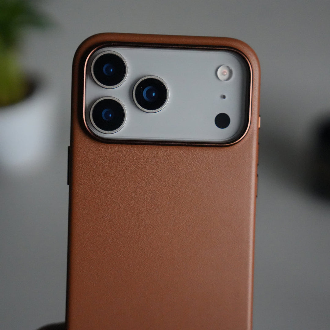 iPhone 17 Pro Max Premium PU Leather MagSafe Case | Metal Camera Frame Luxury Back Cover | Brown