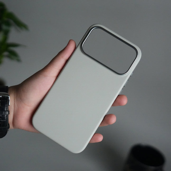 iPhone 17 Pro Max Premium PU Leather MagSafe Case | Metal Camera Frame Luxury Back Cover | Gray