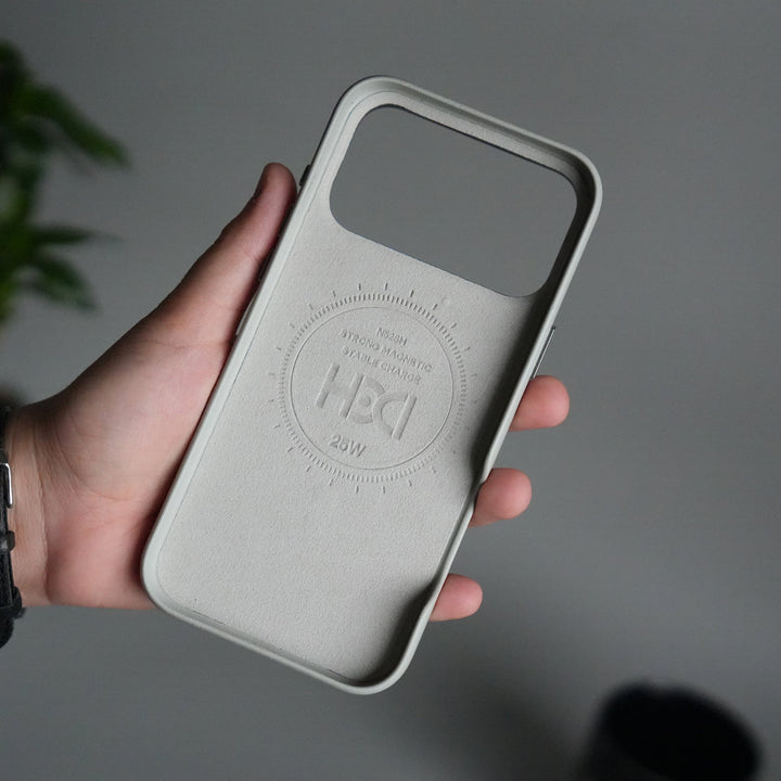 iPhone 17 Pro Max Premium PU Leather MagSafe Case | Metal Camera Frame Luxury Back Cover | Gray