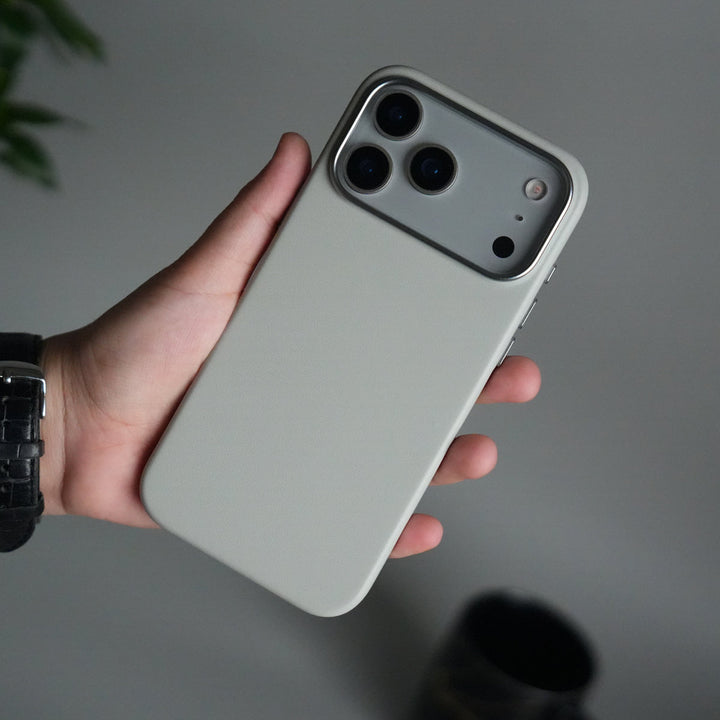 iPhone 17 Pro Max Premium PU Leather MagSafe Case | Metal Camera Frame Luxury Back Cover | Gray