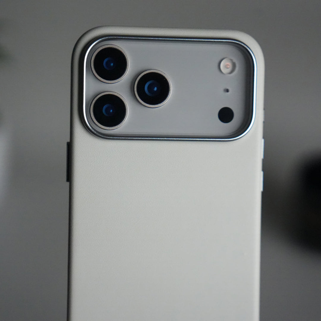 iPhone 17 Pro Max Premium PU Leather MagSafe Case | Metal Camera Frame Luxury Back Cover | Gray