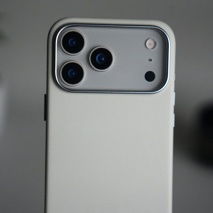 iPhone 17 Pro Max Premium PU Leather MagSafe Case | Metal Camera Frame Luxury Back Cover | Gray