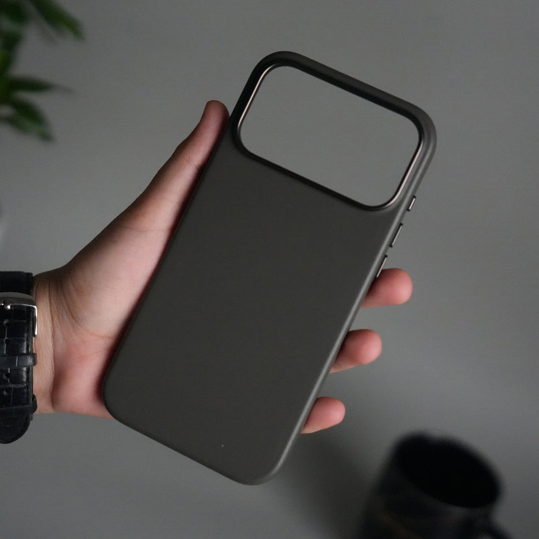 iPhone 17 Pro Max Premium PU Leather MagSafe Case | Metal Camera Frame Luxury Back Cover | Dark Gray