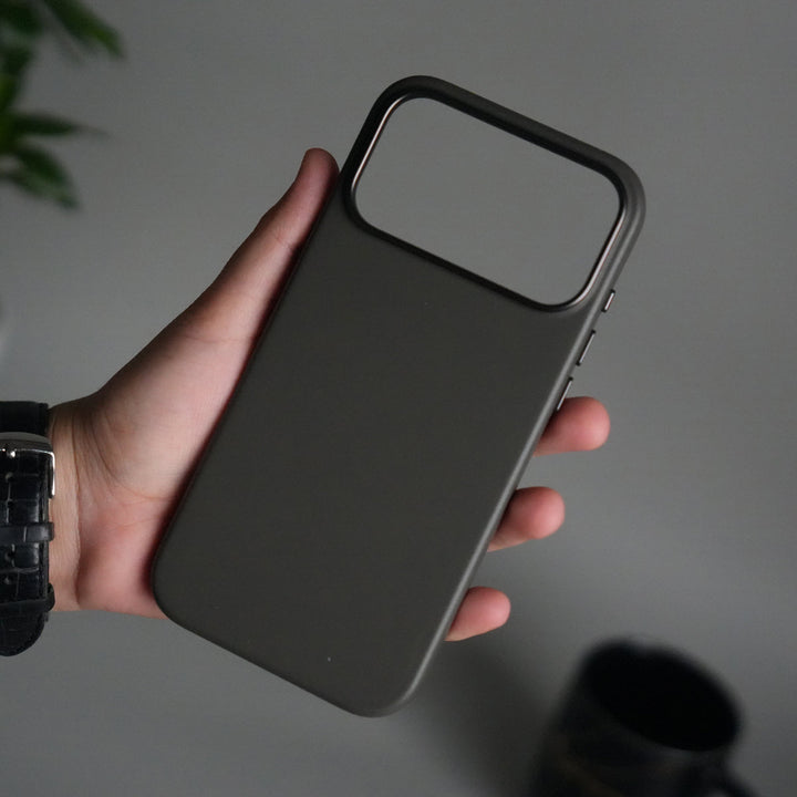 iPhone 17 Pro Max Premium PU Leather MagSafe Case | Metal Camera Frame Luxury Back Cover | Dark Gray