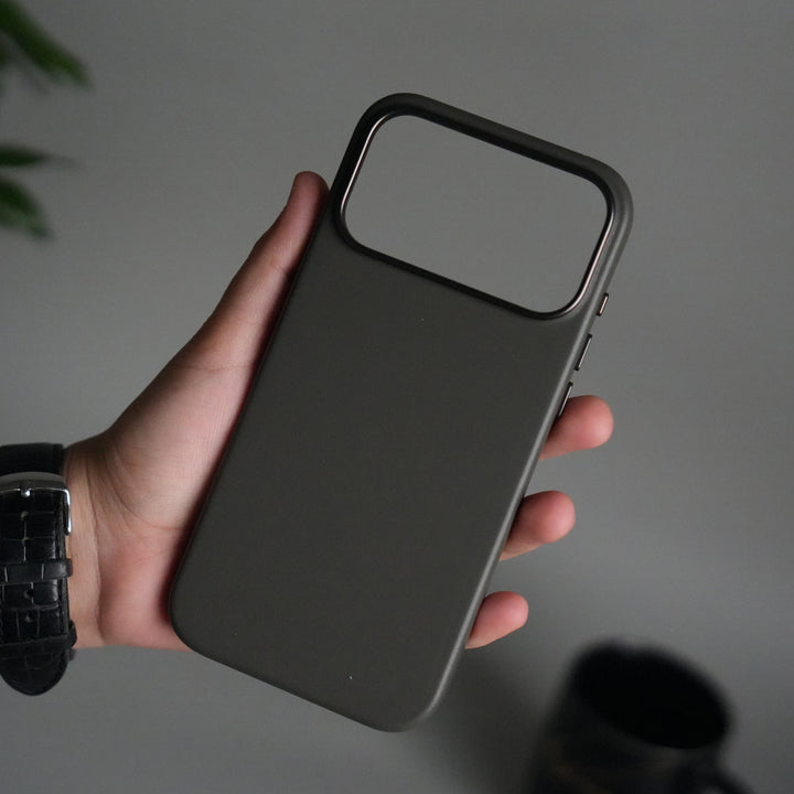 iPhone 17 Pro Max Premium PU Leather MagSafe Case | Metal Camera Frame Luxury Back Cover | Dark Gray