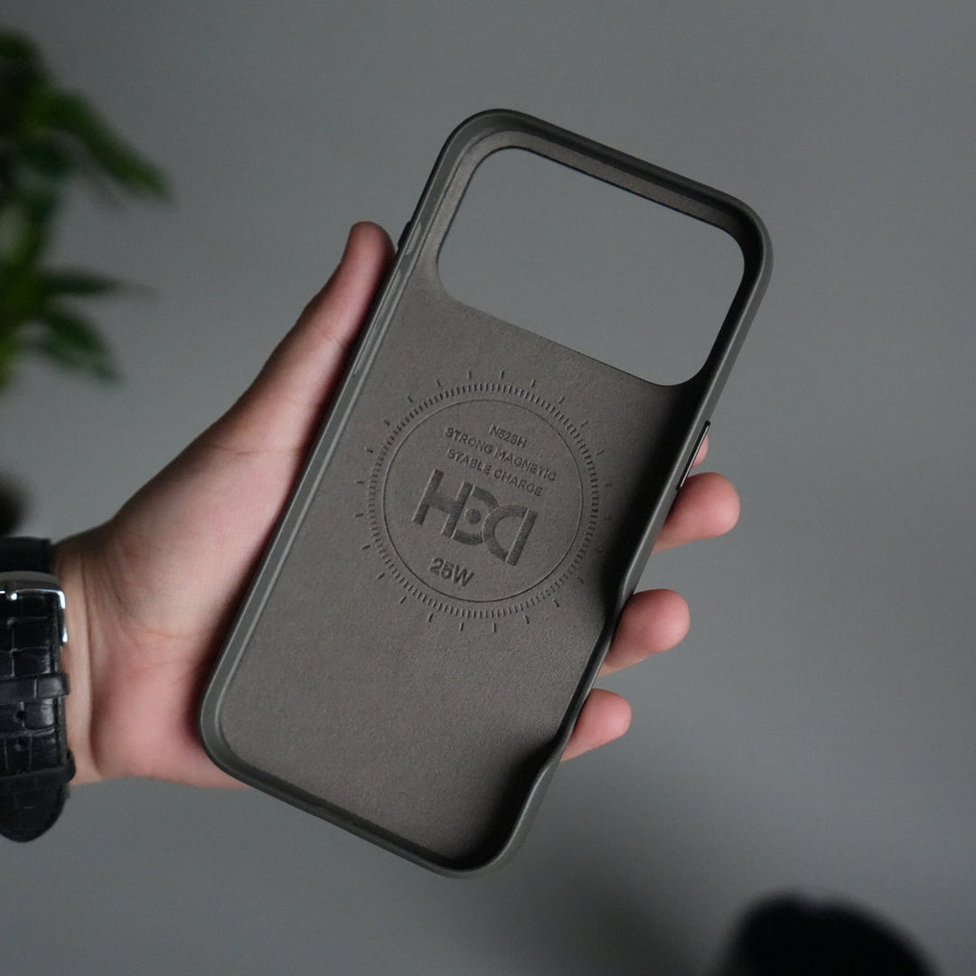 iPhone 17 Pro Max Premium PU Leather MagSafe Case | Metal Camera Frame Luxury Back Cover | Dark Gray