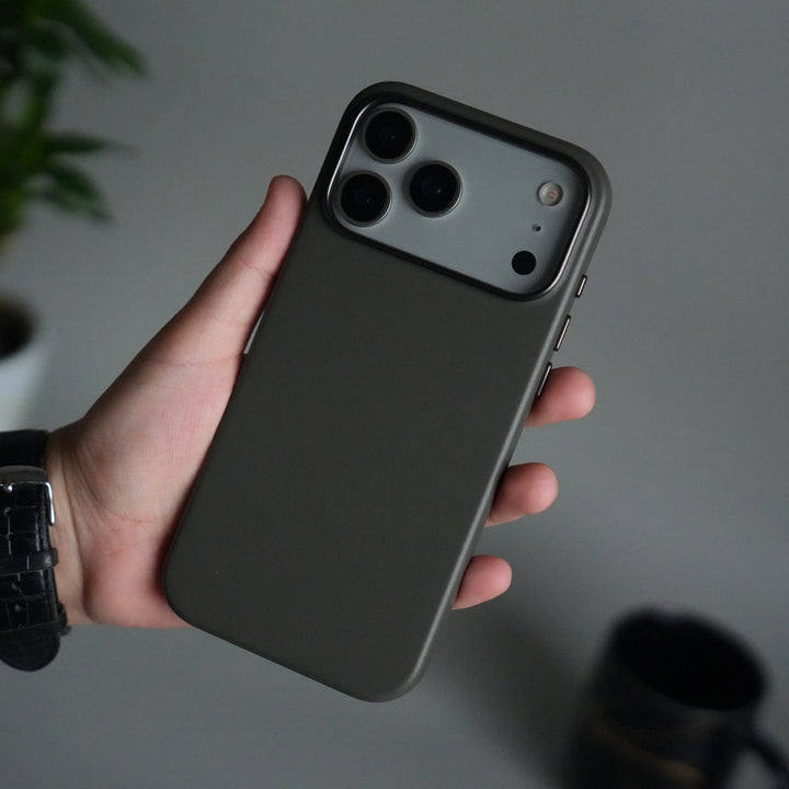 iPhone 17 Pro Max Premium PU Leather MagSafe Case | Metal Camera Frame Luxury Back Cover | Dark Gray