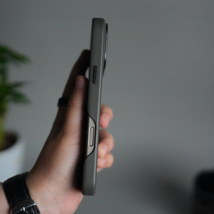 iPhone 17 Pro Max Premium PU Leather MagSafe Case | Metal Camera Frame Luxury Back Cover | Dark Gray