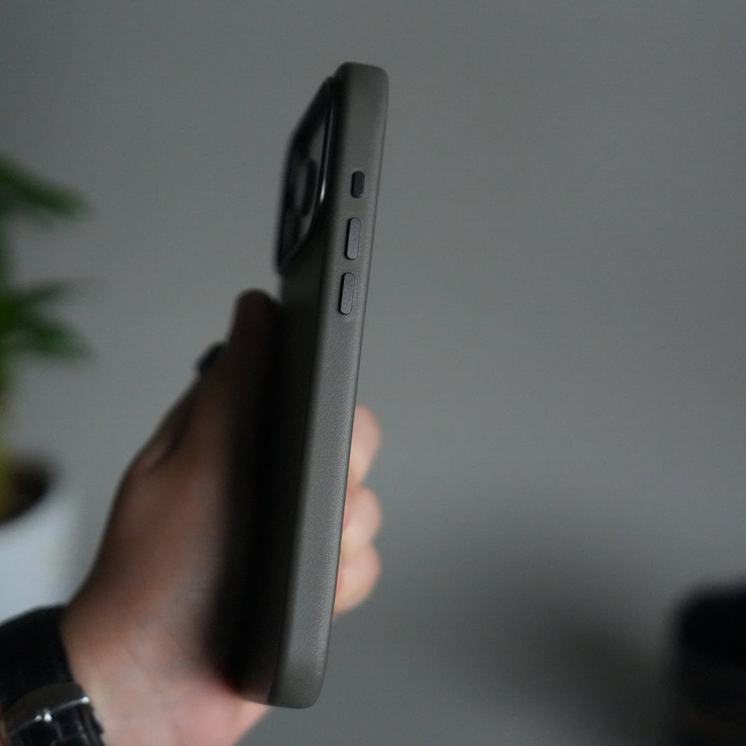 iPhone 17 Pro Max Premium PU Leather MagSafe Case | Metal Camera Frame Luxury Back Cover | Dark Gray