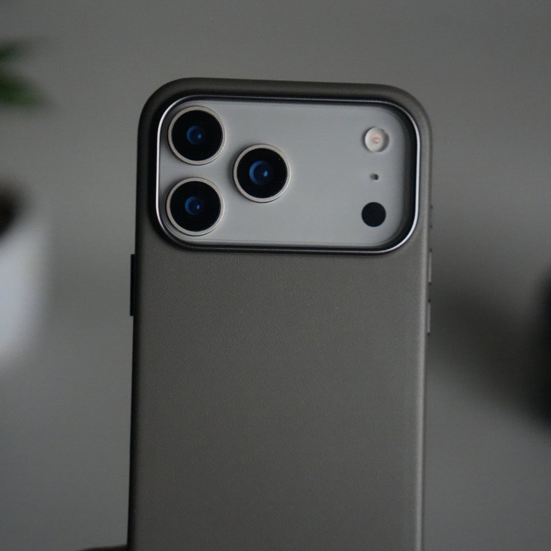 iPhone 17 Pro Max Premium PU Leather MagSafe Case | Metal Camera Frame Luxury Back Cover | Dark Gray