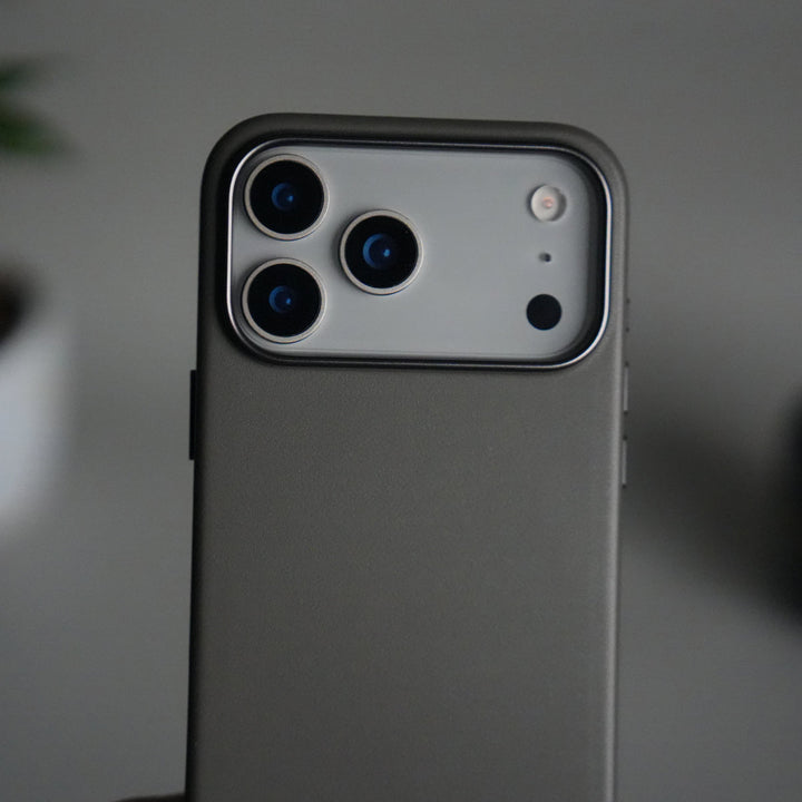 iPhone 17 Pro Max Premium PU Leather MagSafe Case | Metal Camera Frame Luxury Back Cover | Dark Gray