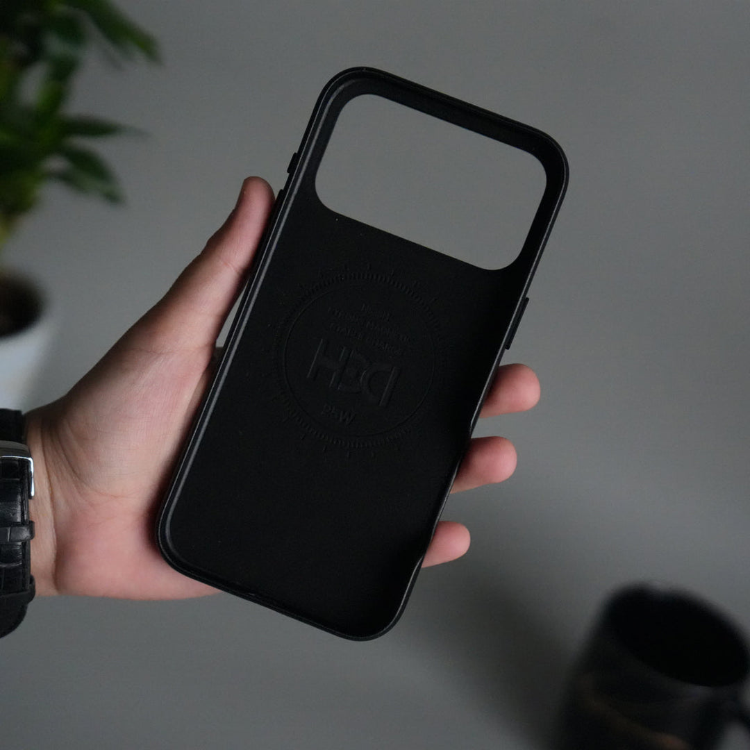 iPhone 17 Pro Max Premium PU Leather MagSafe Case | Metal Camera Frame Luxury Back Cover | Black