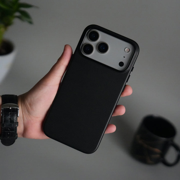 iPhone 17 Pro Max Premium PU Leather MagSafe Case | Metal Camera Frame Luxury Back Cover | Black