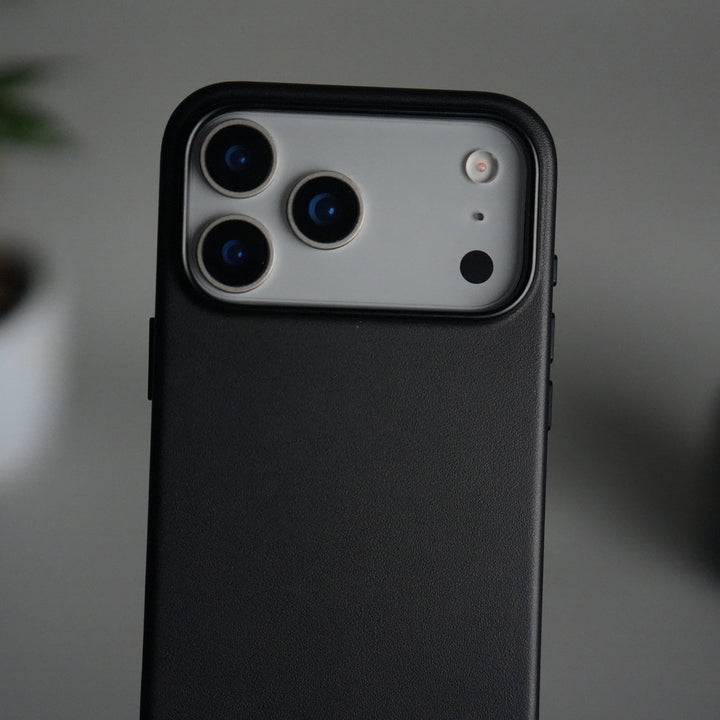 iPhone 17 Pro Max Premium PU Leather MagSafe Case | Metal Camera Frame Luxury Back Cover | Black