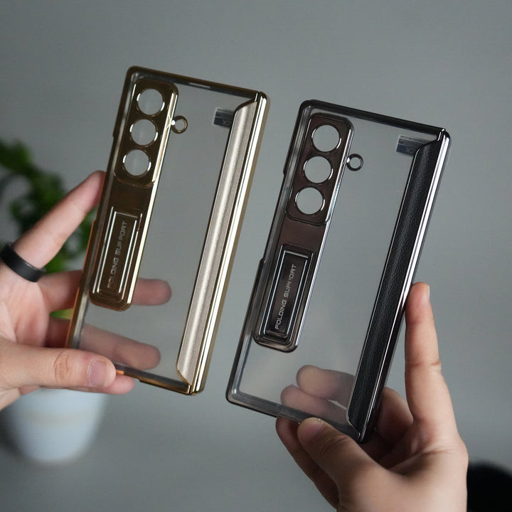 Galaxy Z Fold 7 Transparent Case with Front Glass Protection | Chrome Plated Frame & Kick Stand