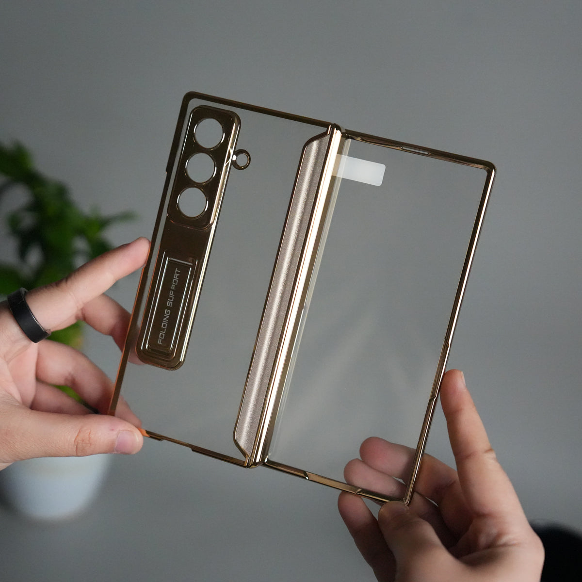 Galaxy Z Fold 7 Transparent Case with Front Glass Protection | Chrome Plated Frame & Kick Stand