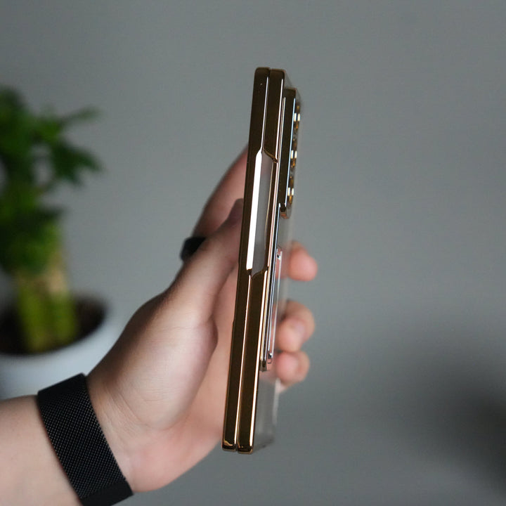 Galaxy Z Fold 7 Transparent Case with Front Glass Protection | Chrome Plated Frame & Kick Stand