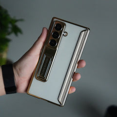 Galaxy Z Fold 7 Transparent Case with Front Glass Protection | Chrome Plated Frame & Kick Stand