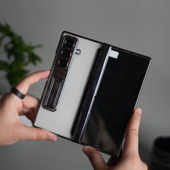 Galaxy Z Fold 7 Transparent Case with Front Glass Protection | Chrome Plated Frame & Kick Stand