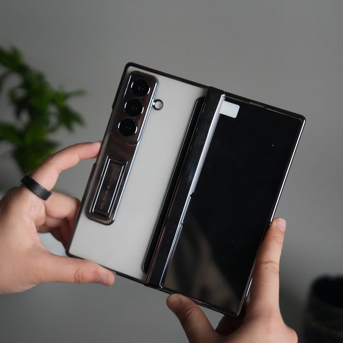 Galaxy Z Fold 7 Transparent Case with Front Glass Protection | Chrome Plated Frame & Kick Stand