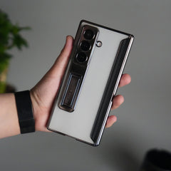 Galaxy Z Fold 7 Transparent Case with Front Glass Protection | Chrome Plated Frame & Kick Stand