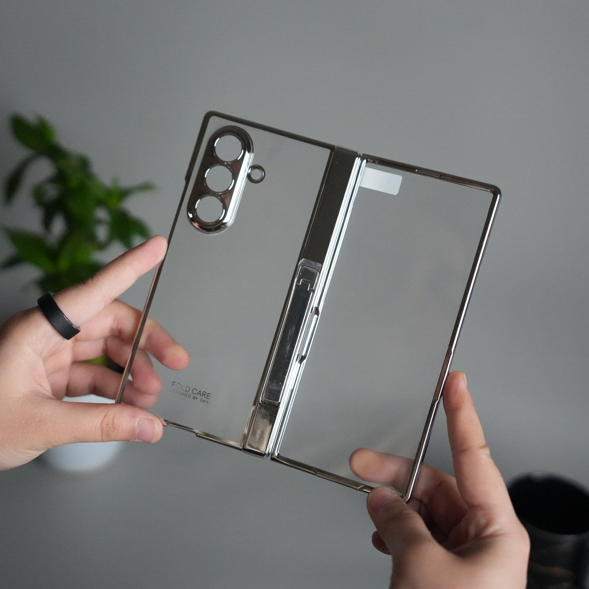 Galaxy Z Fold 7 Transparent Case with Front Glass Protection | Chrome Plated Hinge & Kick Stand