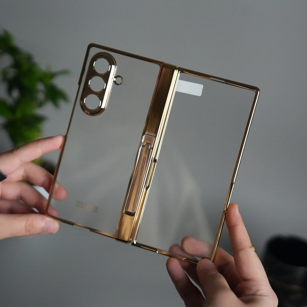 Galaxy Z Fold 7 Transparent Case with Front Glass Protection | Chrome Plated Hinge & Kick Stand