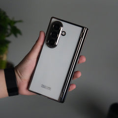 Galaxy Z Fold 7 Transparent Case with Front Glass Protection | Chrome Plated Hinge & Kick Stand