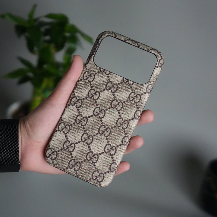 iPhone 17 Pro Max Luxury GG Pattern PU Leather Case Cover (Beige)