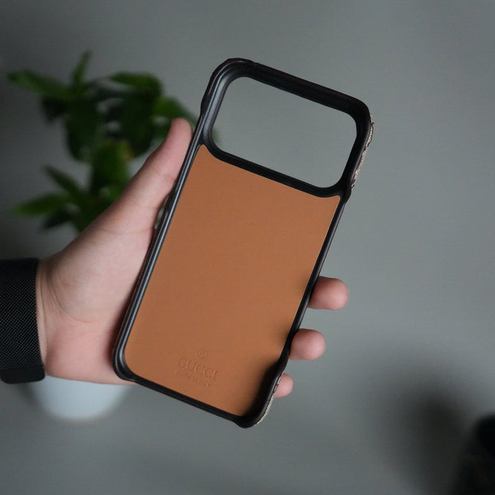 iPhone 17 Pro Max Luxury GG Pattern PU Leather Case Cover (Beige)