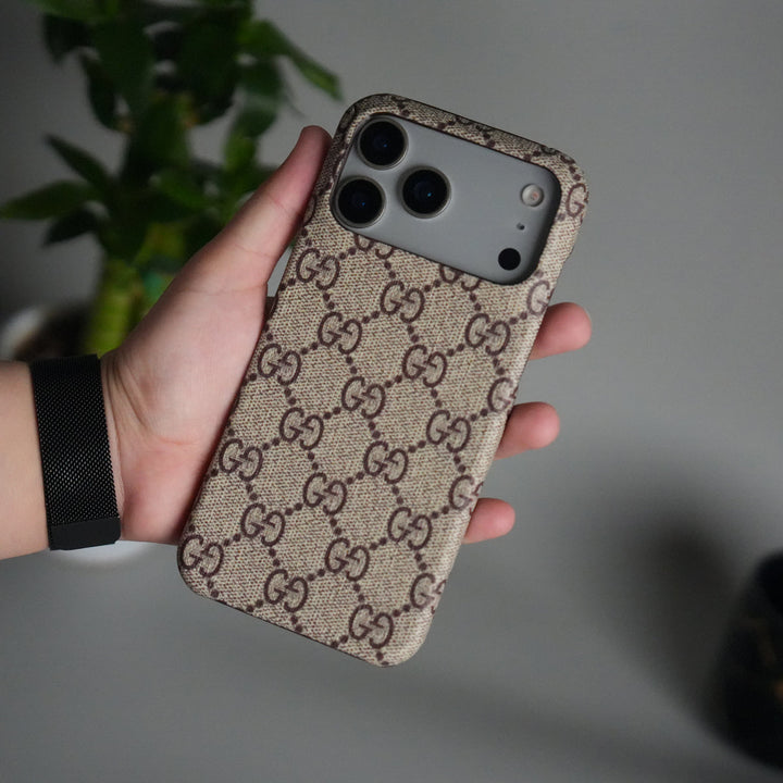 iPhone 17 Pro Max Luxury GG Pattern PU Leather Case Cover (Beige)