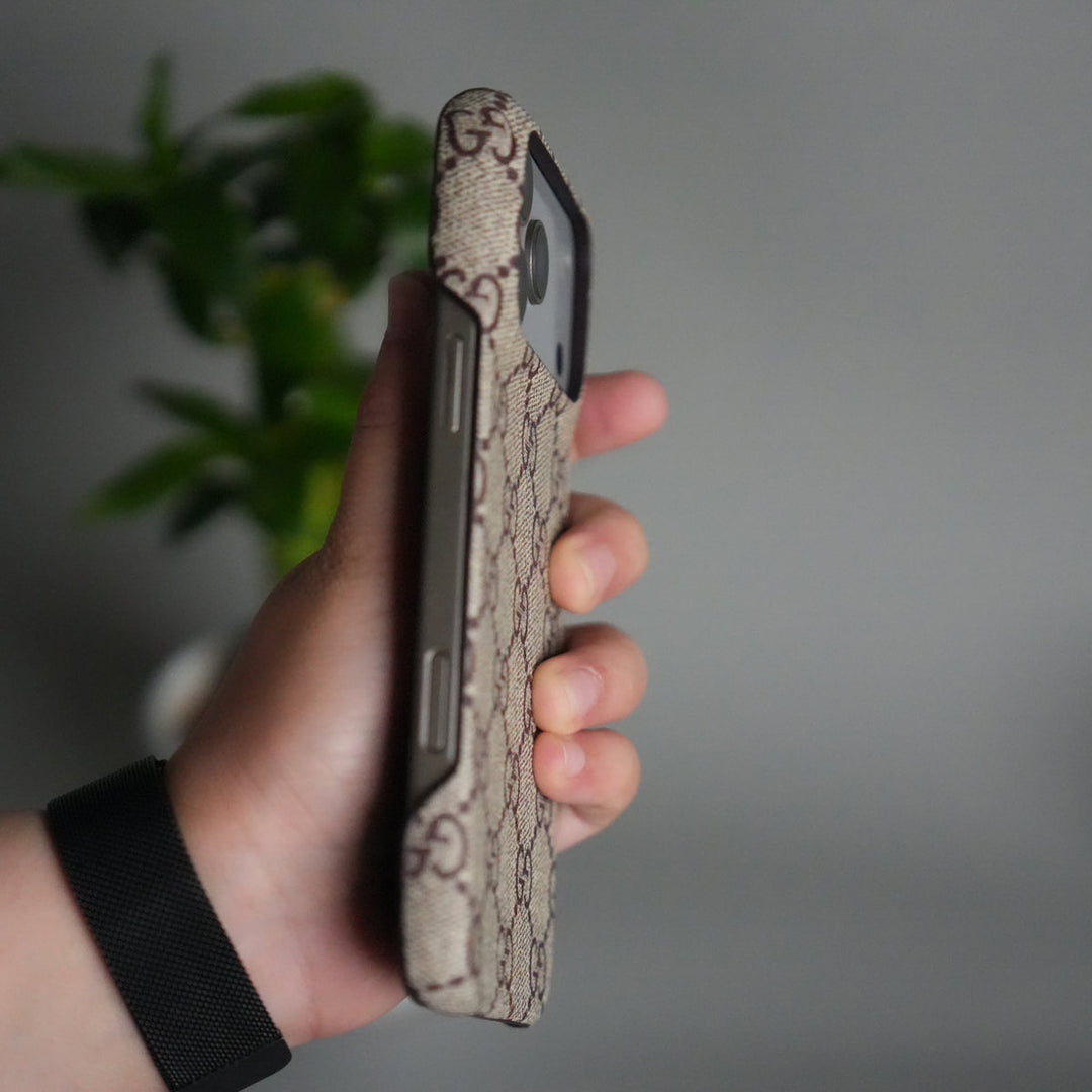 iPhone 17 Pro Max Luxury GG Pattern PU Leather Case Cover (Beige)