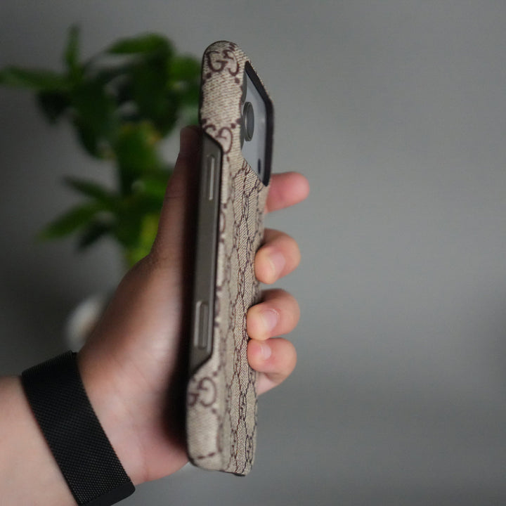 iPhone 17 Pro Max Luxury GG Pattern PU Leather Case Cover (Beige)