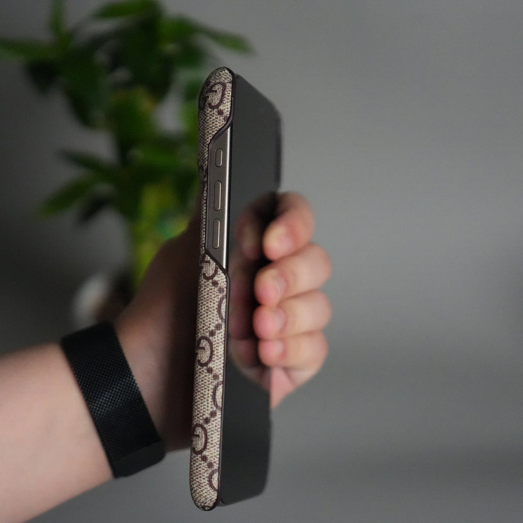 iPhone 17 Pro Max Luxury GG Pattern PU Leather Case Cover (Beige)