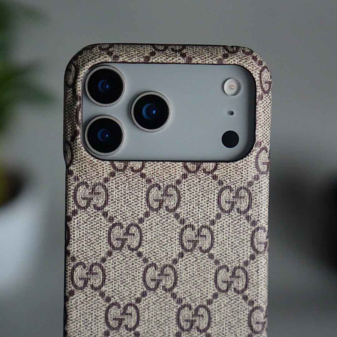 iPhone 17 Pro Max Luxury GG Pattern PU Leather Case Cover (Beige)