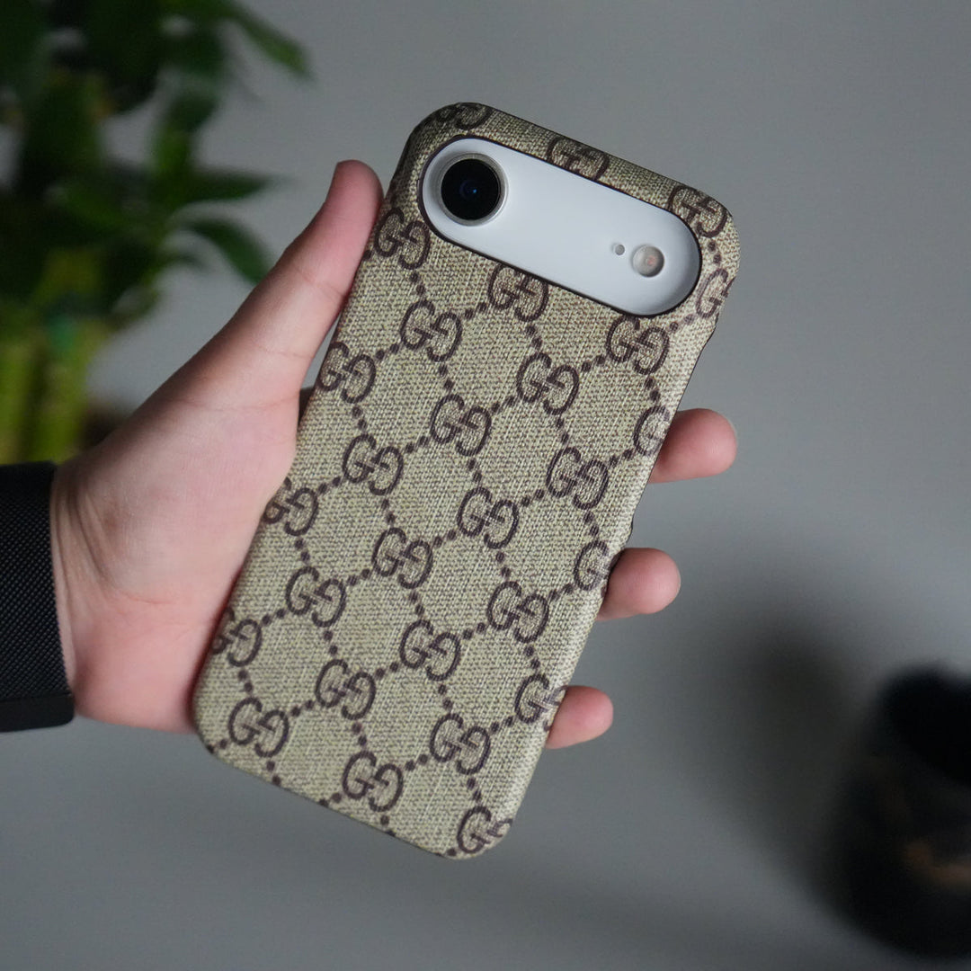 iPhone 17 Air Luxury GG Pattern PU Leather Case Cover (Beige)