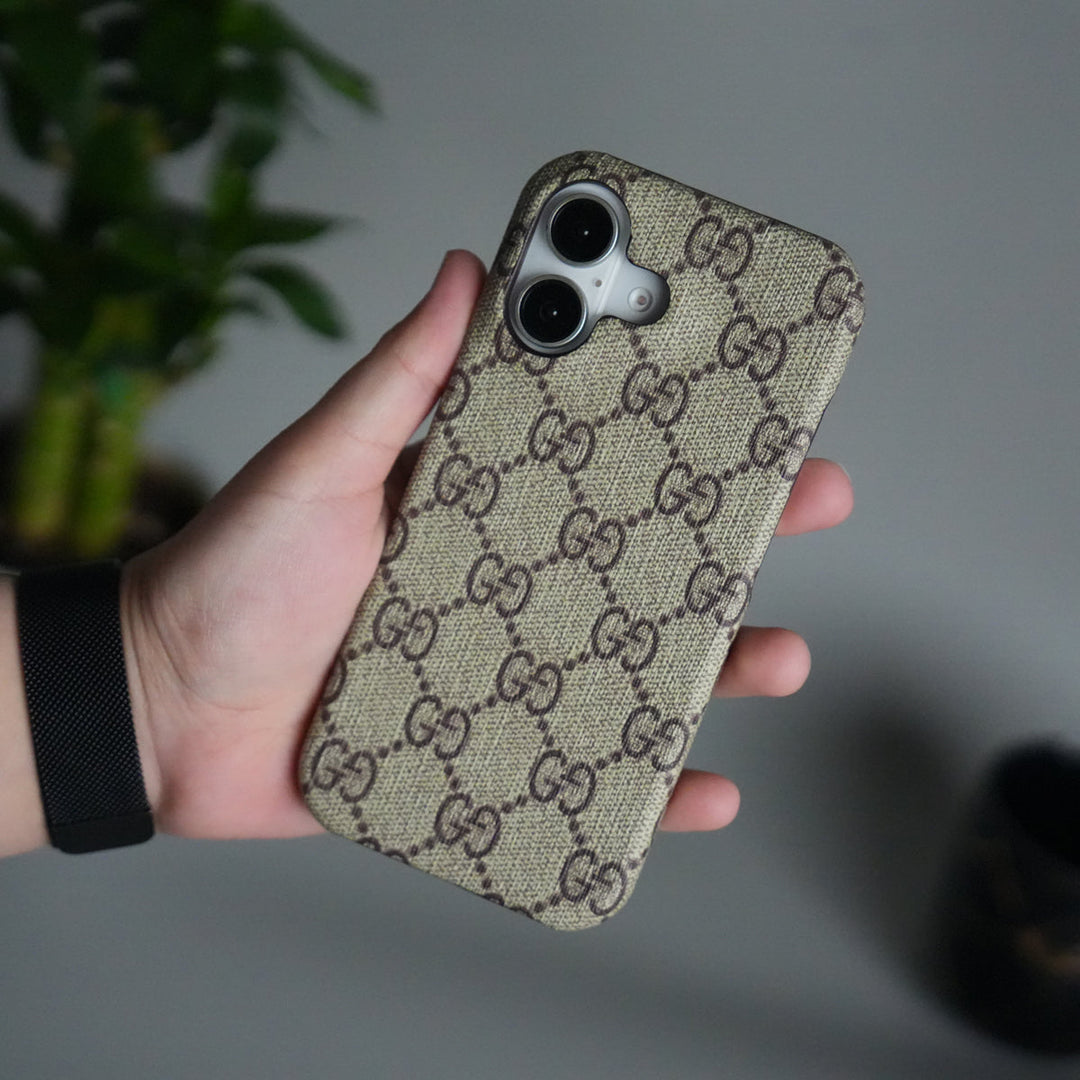 iPhone 17 Luxury GG Pattern PU Leather Case Cover (Beige)