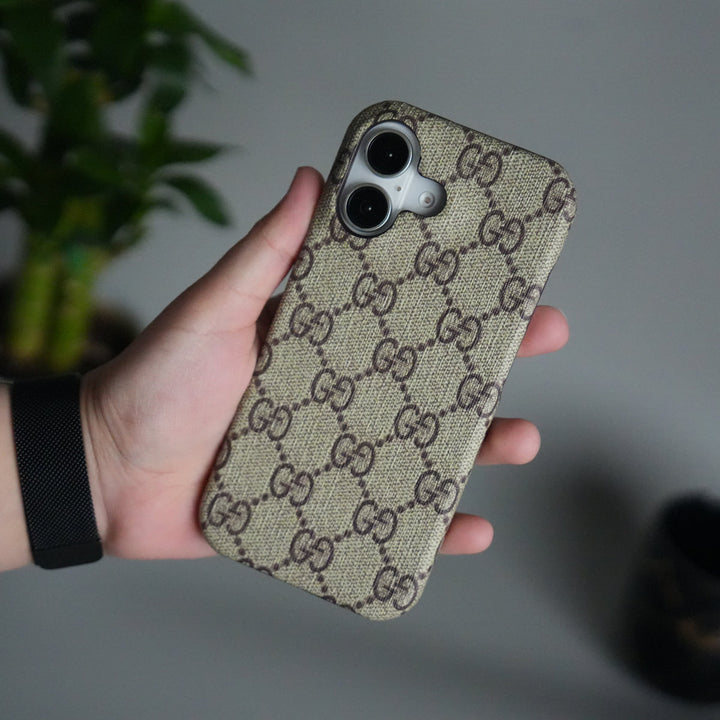 iPhone 17 Luxury GG Pattern PU Leather Case Cover (Beige)