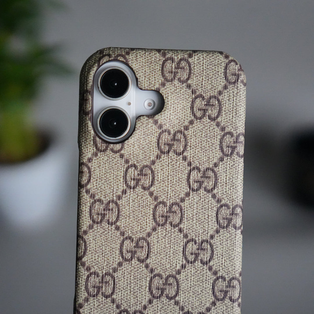 iPhone 17 Luxury GG Pattern PU Leather Case Cover (Beige)