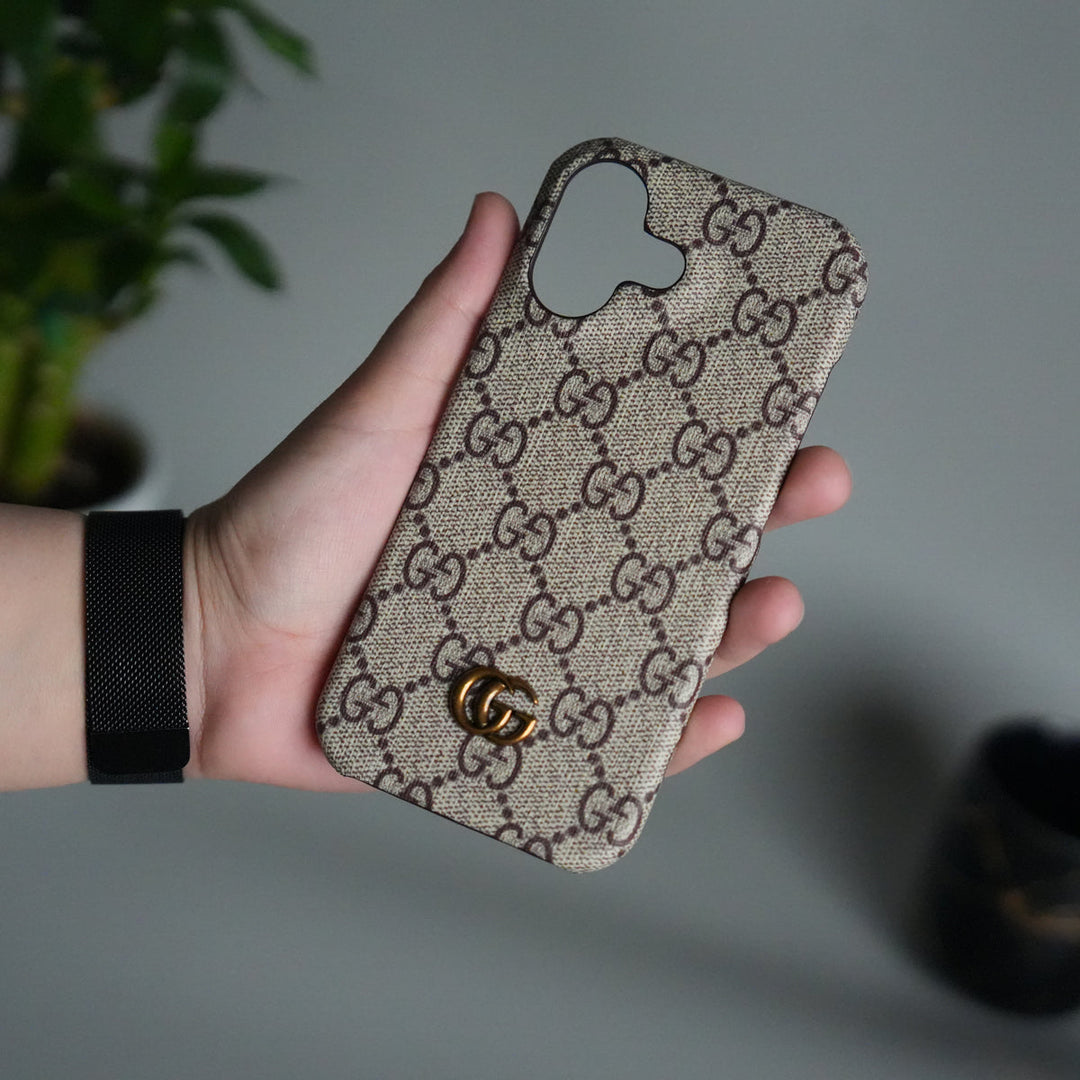 iPhone 17 Luxury GG Pattern PU Leather Camera Bump Case