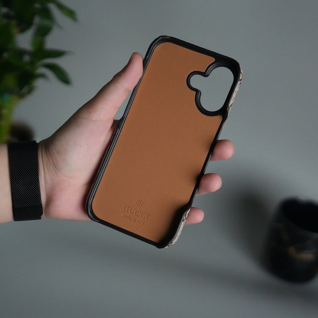 iPhone 17 Luxury GG Pattern PU Leather Camera Bump Case