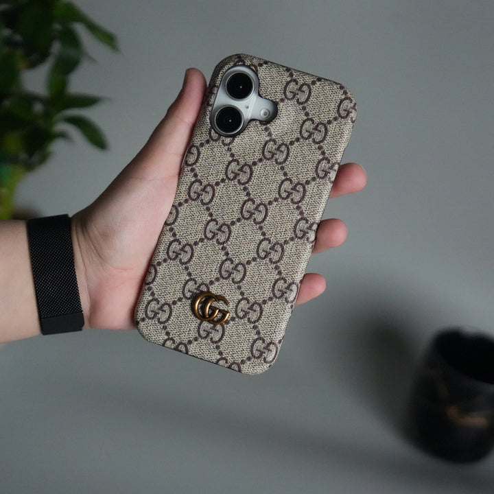 iPhone 17 Luxury GG Pattern PU Leather Camera Bump Case